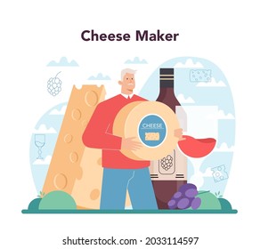 Cheese maker concept. Professional chef making block of cheese. Dairy farmer serving a cheese slice. Cheese production. Isolated vector illustration