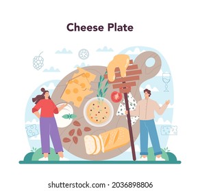 Concepto de fabricante de queso. Chef profesional haciendo bloque de queso. Granjero lechero sirviendo una rebanada de queso. Producción de queso. Ilustración vectorial aislada