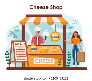 Cheese maker concept. Professional chef making block of cheese. Dairy farmer serving a cheese slice. Cheese production technology. Vector flat illustration