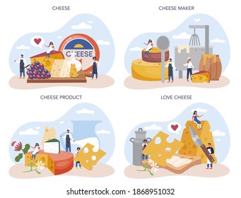 Cheese maker concept set. Professional chef making block of cheese. Cooker in professional uniform, holding a cheese slice. Cheese production. Isolated vector illustration