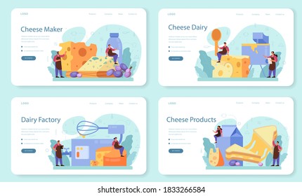 Cheese maker concept web banner or landing page set. Professional chef making block of cheese. Cooker in professional uniform, holding a cheese slice. Cheese production. Isolated vector illustration