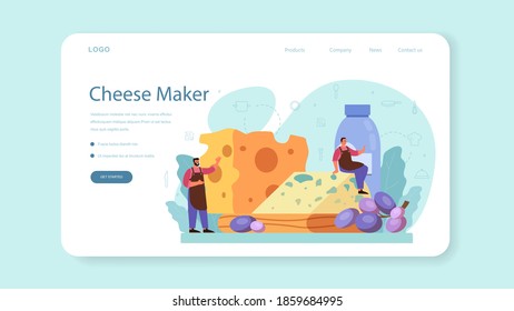 Cheese maker concept web banner or landing page. Professional chef making block of cheese. Cooker in professional uniform, holding a cheese slice. Cheese production. Isolated vector illustration