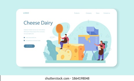 Cheese maker concept web banner or landing page. Professional chef making block of cheese. Cooker in professional uniform, holding a cheese slice. Cheese production. Isolated vector illustration