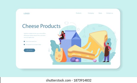 Cheese maker concept web banner or landing page. Professional chef making block of cheese. Cooker in professional uniform, holding a cheese slice. Cheese production. Isolated vector illustration