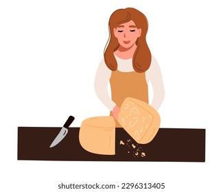 A cheese maker cuts a head of cheese. Vector illustration