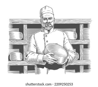 Cheese Maker In A Dairy Farm Checking The Aging Process. Cheese Factory Production Worker. Dairy Products Parmesan, Cheddar Or Gouda. Master Chef In Uniform. Engraving Style Vector Illustration.