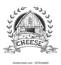 Cheese maker factory vintage emblem engraving vector illustration. Scratch board style imitation. Black and white hand drawn image.