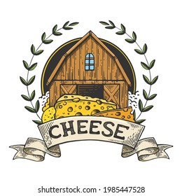 Cheese maker factory vintage emblem line art sketch color engraving vector illustration. T-shirt apparel print design. Scratch board imitation. Black and white hand drawn image.