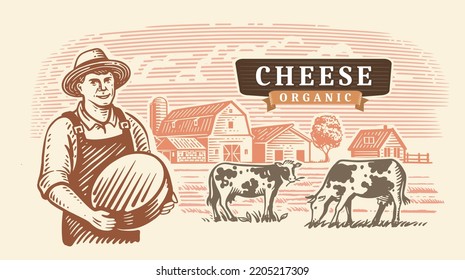 Cheese maker. Farmer stands next to cows on farm.