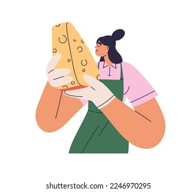 Cheese maker, gourmet smelling farm dairy product. Cheesemonger during maasdam degustation. Woman holding tasty Holland delicatessen, gouda piece. Flat vector illustration isolated on white background