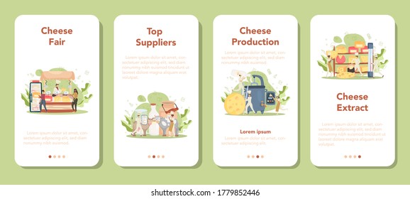 Cheese maker mobile application banner set. Professional chef making block of cheese. Cooker in professional uniform, holding a cheese slice. Cheese production. Isolated vector illustration