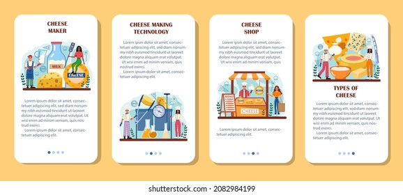 Cheese maker mobile application banner set. Professional chef making block of cheese. Dairy farmer serving a cheese slice. Cheese production technology. Vector flat illustration