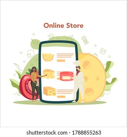 Cheese maker online service or platform. Professional chef making block of cheese. Cheese production. Online store. Isolated vector illustration