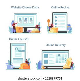 Cheese maker online service or platform set. Professional chef making block of cheese. Cheese production. Online delivery, recipe, course, website. Isolated vector illustration