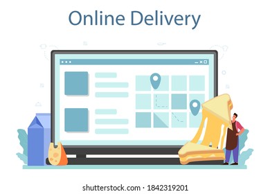 Cheese maker online service or platform. Professional chef making block of cheese. Cheese production. Online delivery. Isolated vector illustration