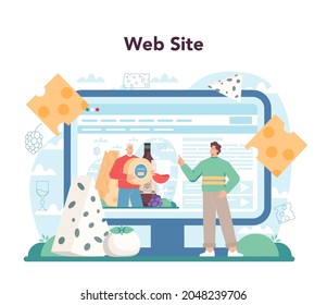 Cheese maker online service or platform. Professional chef making block of cheese. Dairy farmer serving a cheese slice. Website. Flat vector illustration