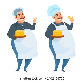 Cheese maker. Professional chef cook with a block of cheese on a tray. Showing OK gesture by his hand, smiling. Happy man in an apron, hat, work uniform, holding a cheese slice. Cheese production.