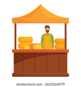 Cheese maker is standing behind a market stall selling wheels of cheese
