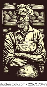Fabricante de queso de pie junto a su producto. Ilustración vectorial con estilo de grabado de madera dibujada a mano Eps 10