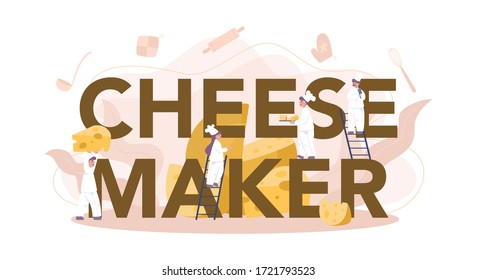 Cheese maker typographic header concept. Professional chef making block of cheese. Cooker in professional uniform, holding a cheese slice. Cheese production. Isolated vector illustration