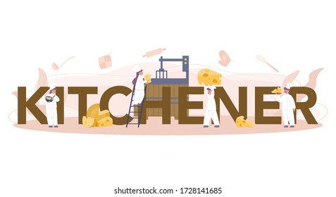 Cheese maker typographic header concept. Professional chef making block of cheese. Cooker in professional uniform, holding a cheese slice. Cheese production. Isolated vector illustration