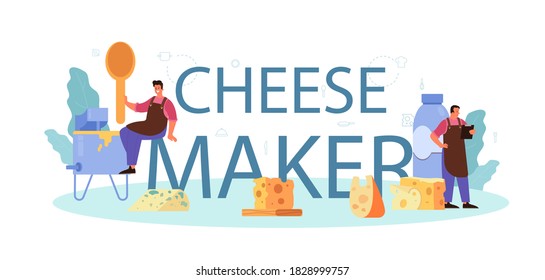 Cheese maker typographic header. Professional chef making block of cheese. Cooker in professional uniform, holding a cheese slice. Cheese production. Isolated vector illustration
