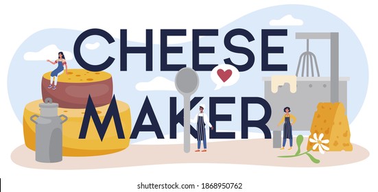 Cheese maker typographic header. Professional chef making block of cheese. Cooker in professional uniform, holding a cheese slice. Cheese production. Isolated vector illustration