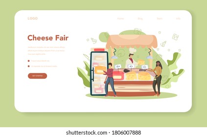 Cheese maker web banner or landing page. Professional chef making block of cheese. Cooker in professional uniform, holding a cheese slice. Cheese production. Isolated vector illustration