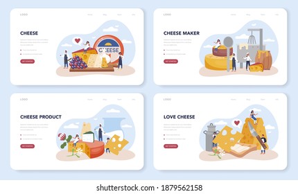 Cheese Maker Web Banner Or Landing Page Set. Professional Chef Making Block Of Cheese. Cooker In Professional Uniform, Holding A Cheese Slice. Cheese Production. Isolated Vector Illustration