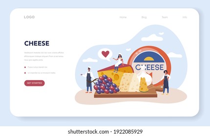 Cheese maker web banner or landing page. Professional chef making block of cheese. Cooker in professional uniform, holding a cheese slice. Isolated vector illustration