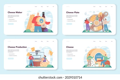 Cheese maker web banner or landing page set. Professional chef making block of cheese. Dairy farmer serving a cheese slice. Cheese production. Isolated vector illustration