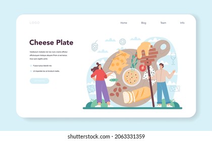 Cheese maker web banner or landing page. Professional chef making block of cheese. Dairy farmer serving a cheese slice. Cheese production. Isolated vector illustration