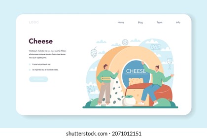 Cheese maker web banner or landing page. Professional chef making block of cheese. Dairy farmer serving a cheese slice. Cheese production. Isolated vector illustration