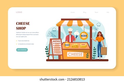 Banner web o página de aterrizaje de fabricante de queso. Chef profesional haciendo bloque de queso. Granjero lechero sirviendo una rebanada de queso. Tecnología de producción de queso. Ilustración plana del vector