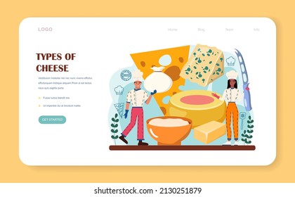 Cheese maker web banner or landing page. Professional chef making block of cheese. Dairy farmer serving a cheese slice. Cheese production technology. Vector flat illustration