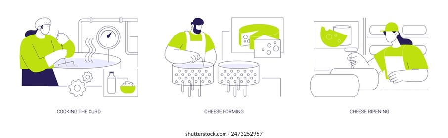 Cheese making factory abstract concept vector illustration set. Cooking the curd, cheese forming and ripening, milk clotting, dairy products manufacturing in food industry abstract metaphor.