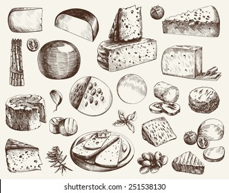 cheese making various types of cheese set of vector sketches on a white background