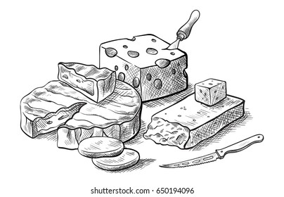 cheese making various types of cheese set of vector sketches on a white background