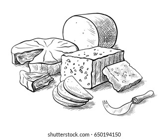 cheese making various types of cheese set of vector sketches on a white background