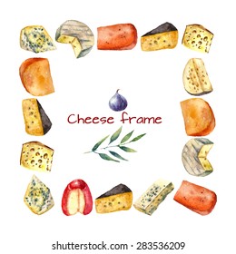 Cheese making various types of cheese square frame  of watercolor illustration on a white background with green twig and figs. Vector.
