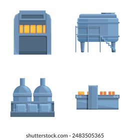 Cheese manufacturing icons set cartoon vector. Equipment for cheese production. Food industry