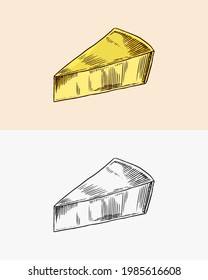 Cheese for market or grocery store. Fresh organic milk. Vector Engraved hand drawn sketch for label, emblem, poster or menu.