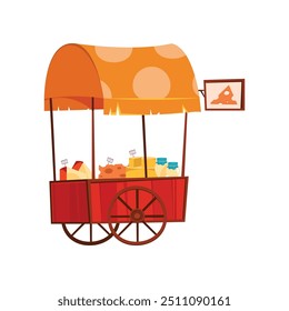 Cheese market stall or kiosk selling natural and organic types of dairy products. Vector outdoors shop or booth with assortment on desk and prices, farm or home made production on counter