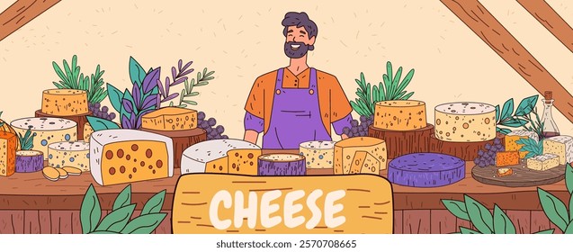 Cheese market vendor smiling at stall with various cheeses grapes and herbs rustic setting colorful design banner