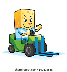 Cheese Mascot Character. Cheese guy riding forklift. EPS8 vector file.