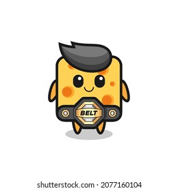 cheese mascot character as a MMA fighter with the champion belt , cute style design for t shirt, sticker, logo element