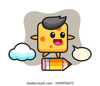 Cheese mascot illustration riding on a giant pencil