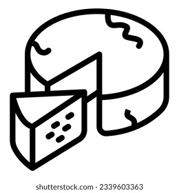 Icono de masa de queso y línea de rodaje, concepto de productos lácteos, signo de pieza camembert sobre fondo blanco, Icono de queso en forma de contorno para concepto móvil y diseño web. Gráficos vectoriales