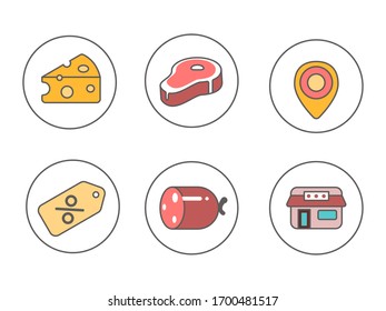 cheese and meat store icon pack. icons for promotions, locations, and delicacies included. six pieces