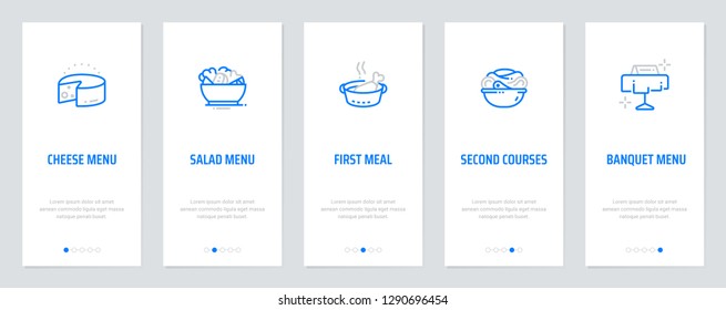 Cheese menu, Salad menu, First meal, Second courses, Banquet menu Vertical Cards with strong metaphors. Template for website design.